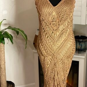 Elegant Boho Crochet Fringe Gold Dress